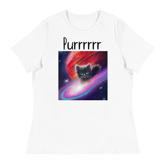 Women's White T-Shirt with Kitten In a Galaxy with a text "Purrrrrr" at $25.97 found at Personalizedpetlovergifts