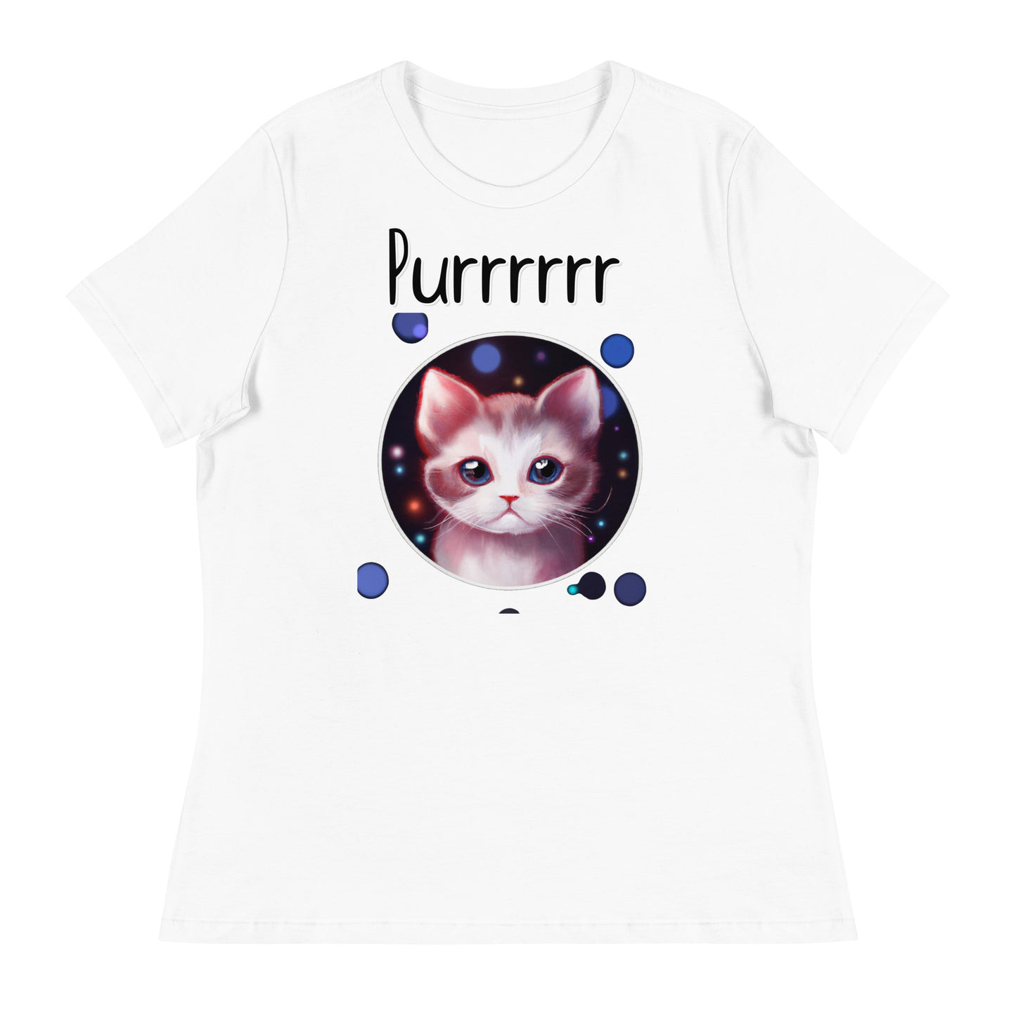 Women's White T-Shirt with Kitten In a Galaxy Circle with a text "Purrrrrr" at $25.97 found at Personalizedpetlovergifts