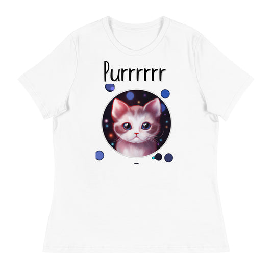 Women's White T-Shirt with Kitten In a Galaxy Circle with a text "Purrrrrr" at $25.97 found at Personalizedpetlovergifts