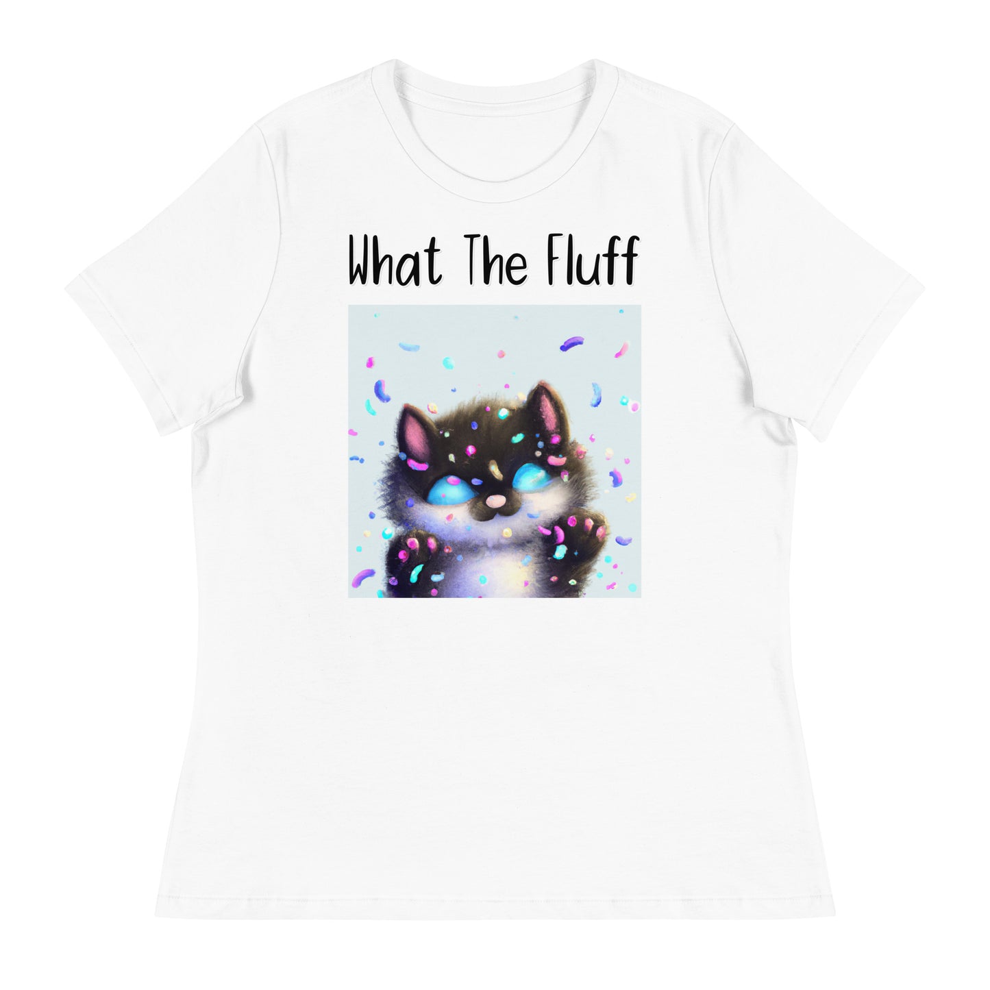 Women's White T-Shirt with Kitten With Confetti with a text "What The Fluff" at $25.97 found at Personalizedpetlovergifts