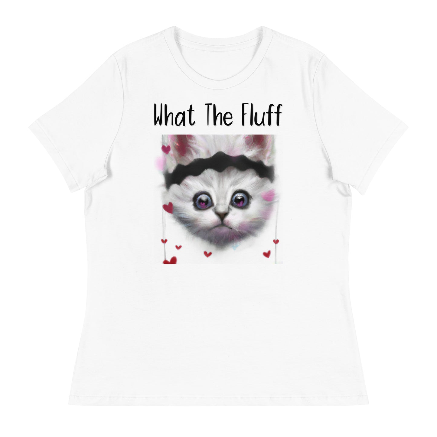 Women's White T-Shirt with Kitten With a headband with a text "What The Fluff" at $25.97 found at Personalizedpetlovergifts