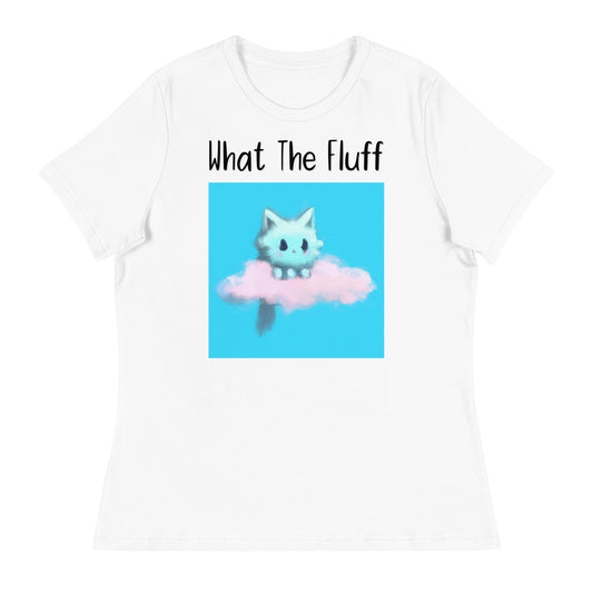 Women's White T-Shirt with Kitten Sitting On a Cloud with a text "What The Fluff" at $25.97 found at Personalizedpetlovergifts