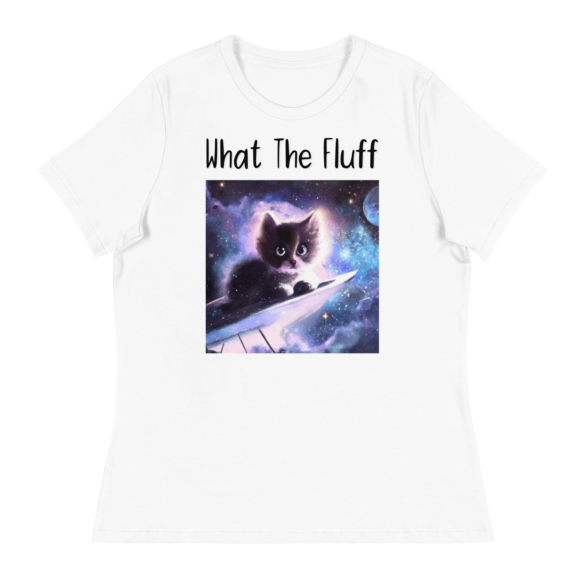 Women's White T-Shirt with Kitten Sitting In The Space with a text "What The Fluff" at $25.97 found at Personalizedpetlovergifts