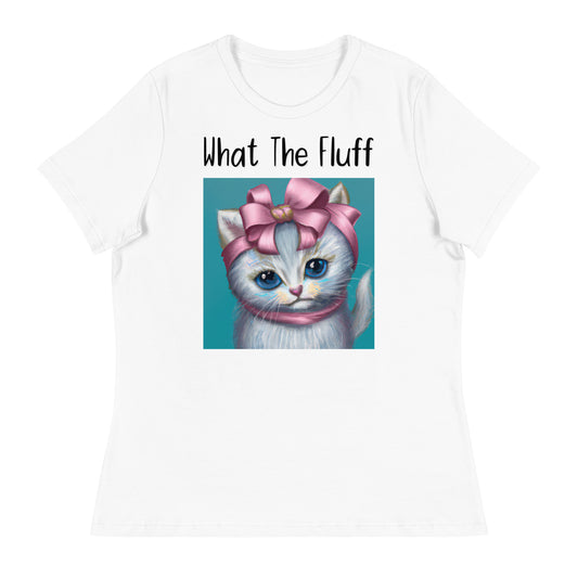 Women's White T-Shirt with Kitten Portrait With a Pink Bow with a text "What The Fluff" at $25.97 found at Personalizedpetlovergifts