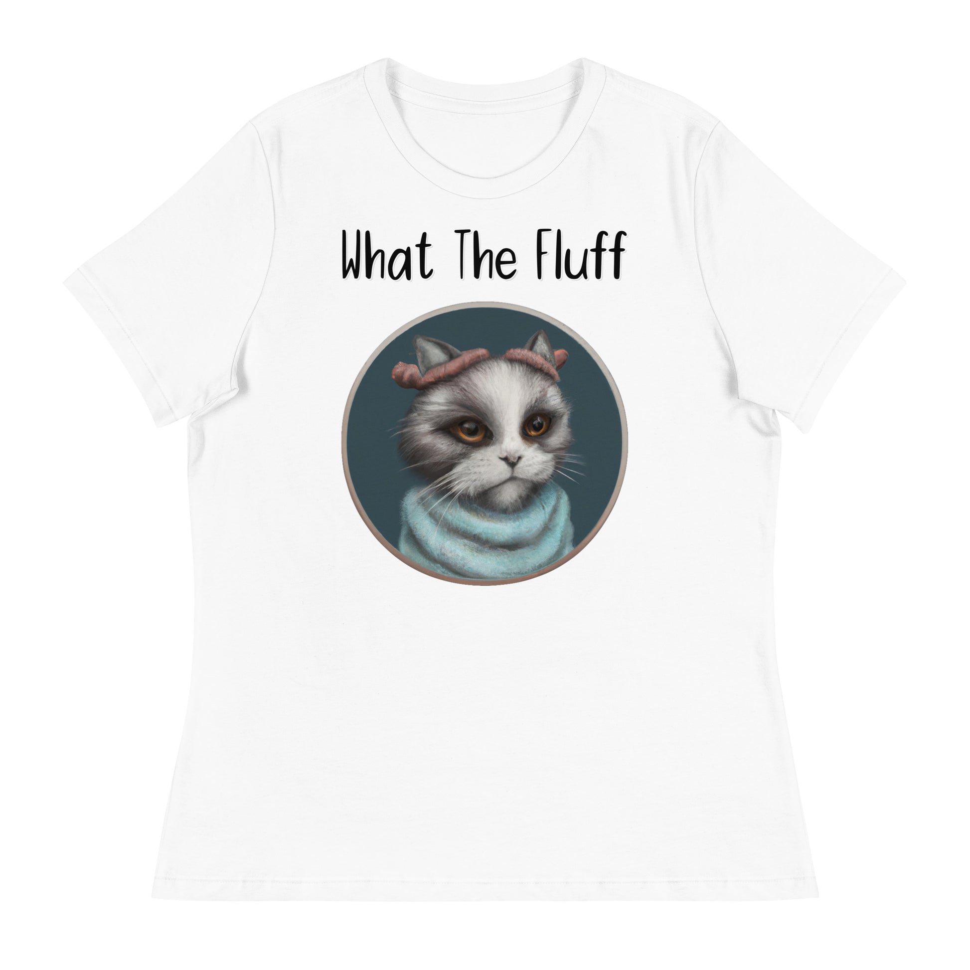 Women's White T-Shirt with Kitten Portrait With a Fluffy Headband with a text "What The Fluff" at $25.97 found at Personalizedpetlovergifts