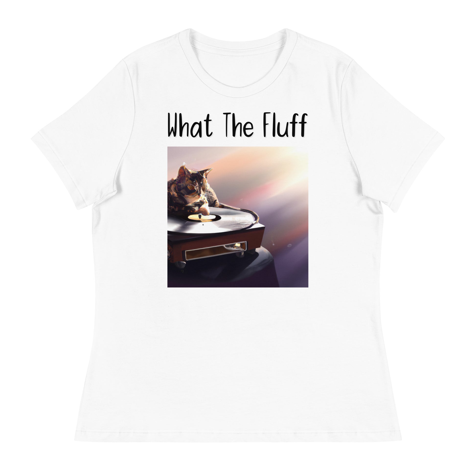 Women's White T-Shirt with Kitten On A Vinyl with a text "What The Fluff" at $25.97 found at Personalizedpetlovergifts