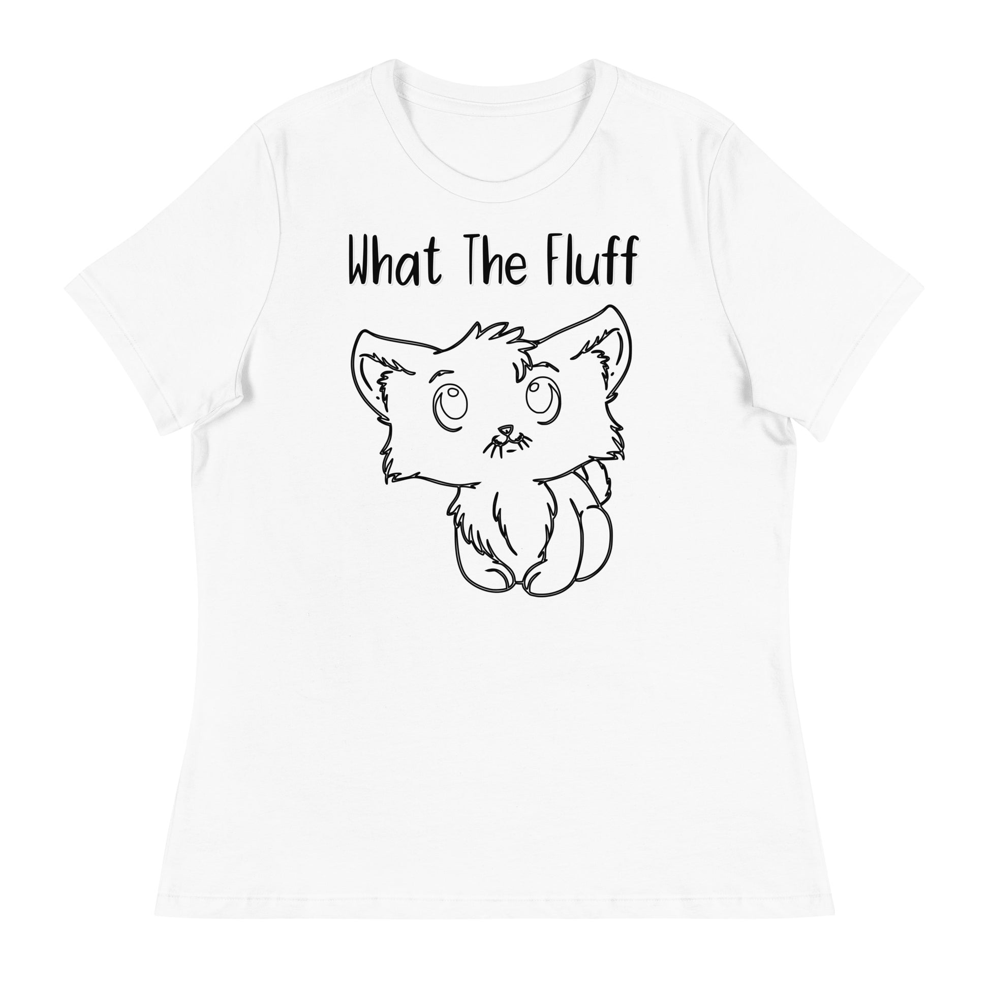 Women's White T-Shirt with Kitten Line Art with a text "What The Fluff" at $25.97 found at Personalizedpetlovergifts