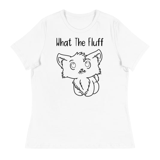 Women's White T-Shirt with Kitten Line Art with a text "What The Fluff" at $25.97 found at Personalizedpetlovergifts