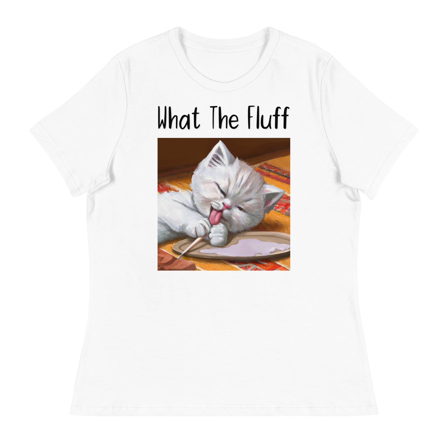 Women's White T-Shirt with Kitten Licking Its Paws with a text "What The Fluff" at $25.97 found at Personalizedpetlovergifts