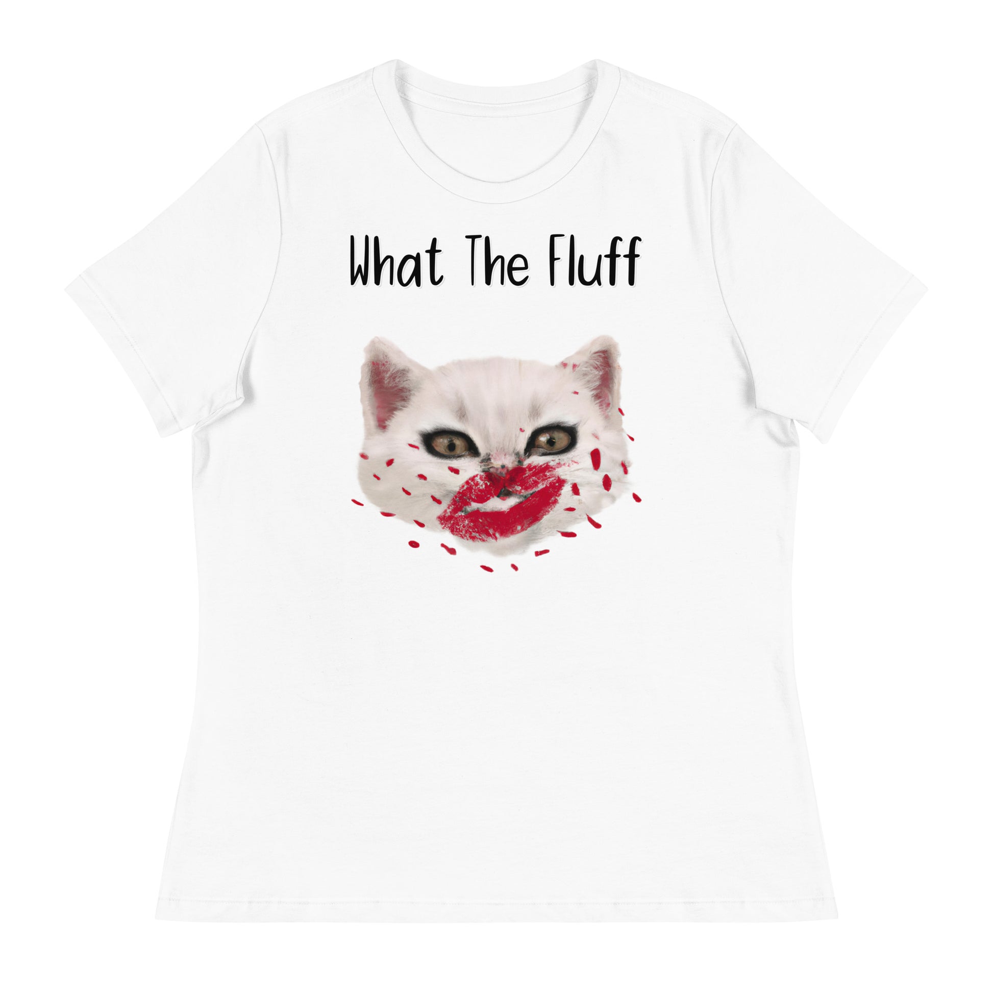 Women's White T-Shirt with Kitten Kisses with a text "What The Fluff" at $25.97 found at Personalizedpetlovergifts