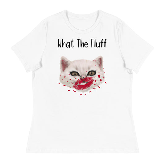 Women's White T-Shirt with Kitten Kisses with a text "What The Fluff" at $25.97 found at Personalizedpetlovergifts