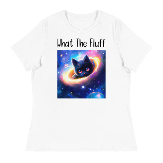 Women's White T-Shirt with Kitten Inside A Galaxy with a text "What The Fluff" at $25.97 found at Personalizedpetlovergifts