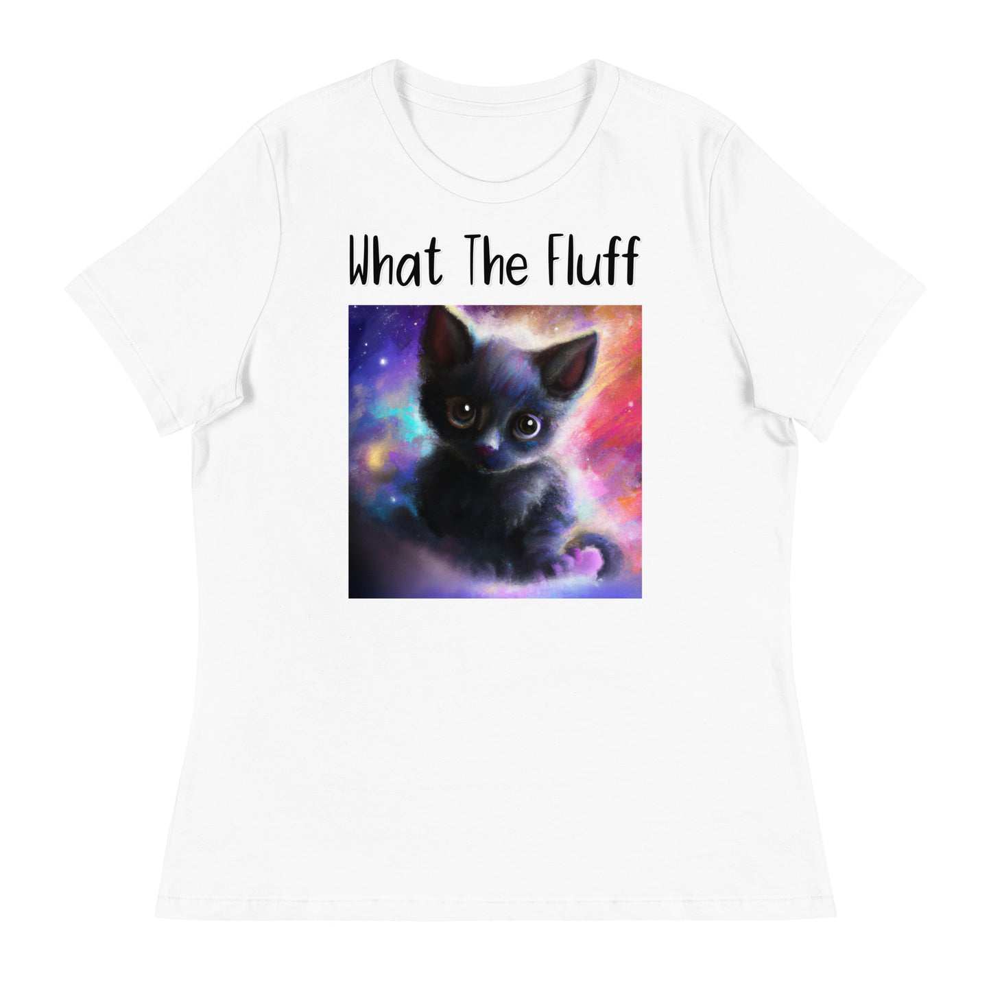 Women's White T-Shirt with Kitten In The Galaxy with a text "What The Fluff" at $25.97 found at Personalizedpetlovergifts