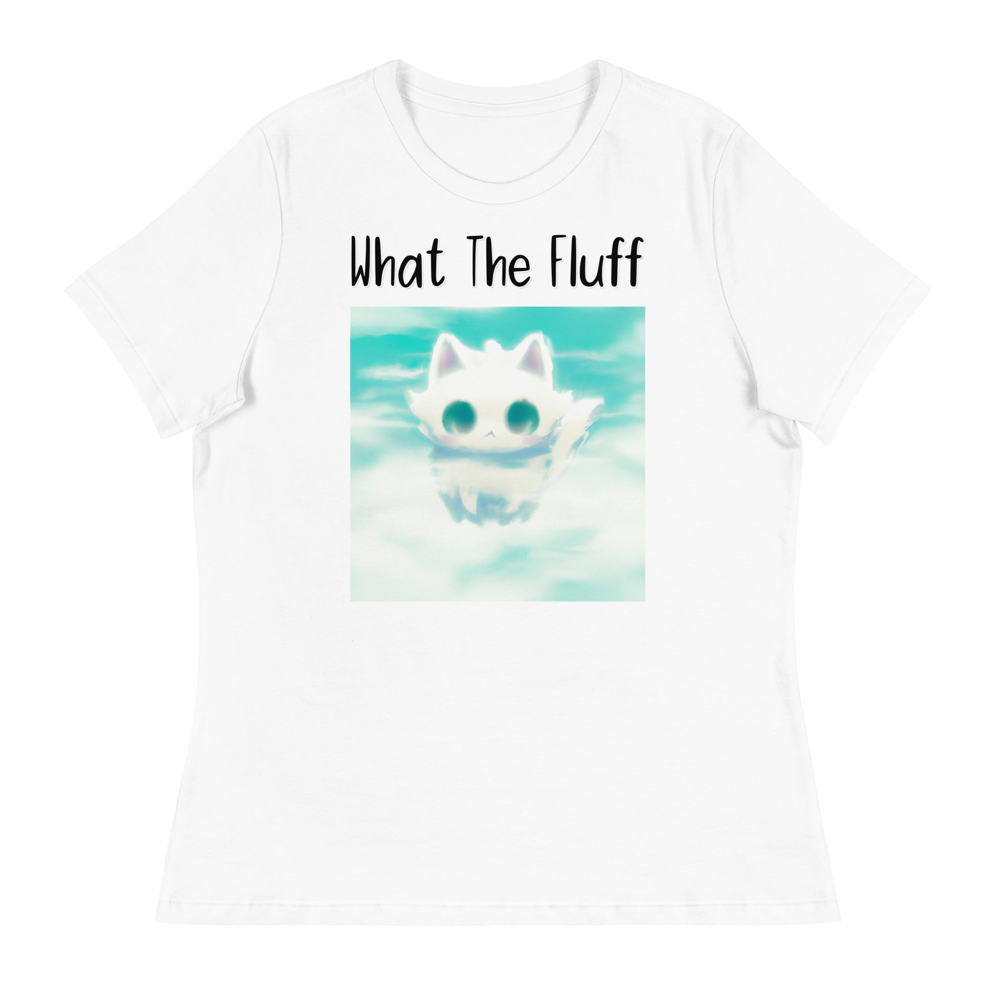 Women's White T-Shirt with Kitten In The Clouds with a text "What The Fluff" at $25.97 found at Personalizedpetlovergifts