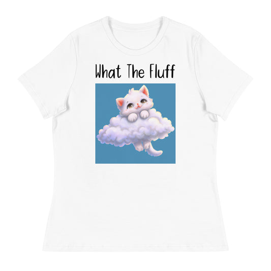 Women's White T-Shirt with KItten In Clouds with a text "What The Fluff" at $25.97 found at Personalizedpetlovergifts