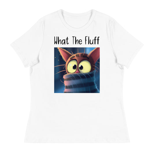 Women's White T-Shirt with Kitten In A Turtleneck with a text "What The Fluff" at $25.97 found at Personalizedpetlovergifts