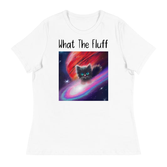 Women's White T-Shirt with Kitten In a Galaxy with a text "What The Fluff" at $25.97 found at Personalizedpetlovergifts