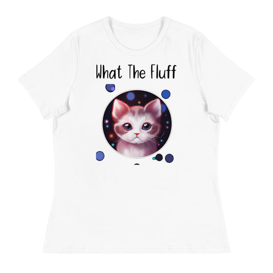 Women's White T-Shirt with Kitten In a Galaxy Circle with a text "What The Fluff" at $25.97 found at Personalizedpetlovergifts