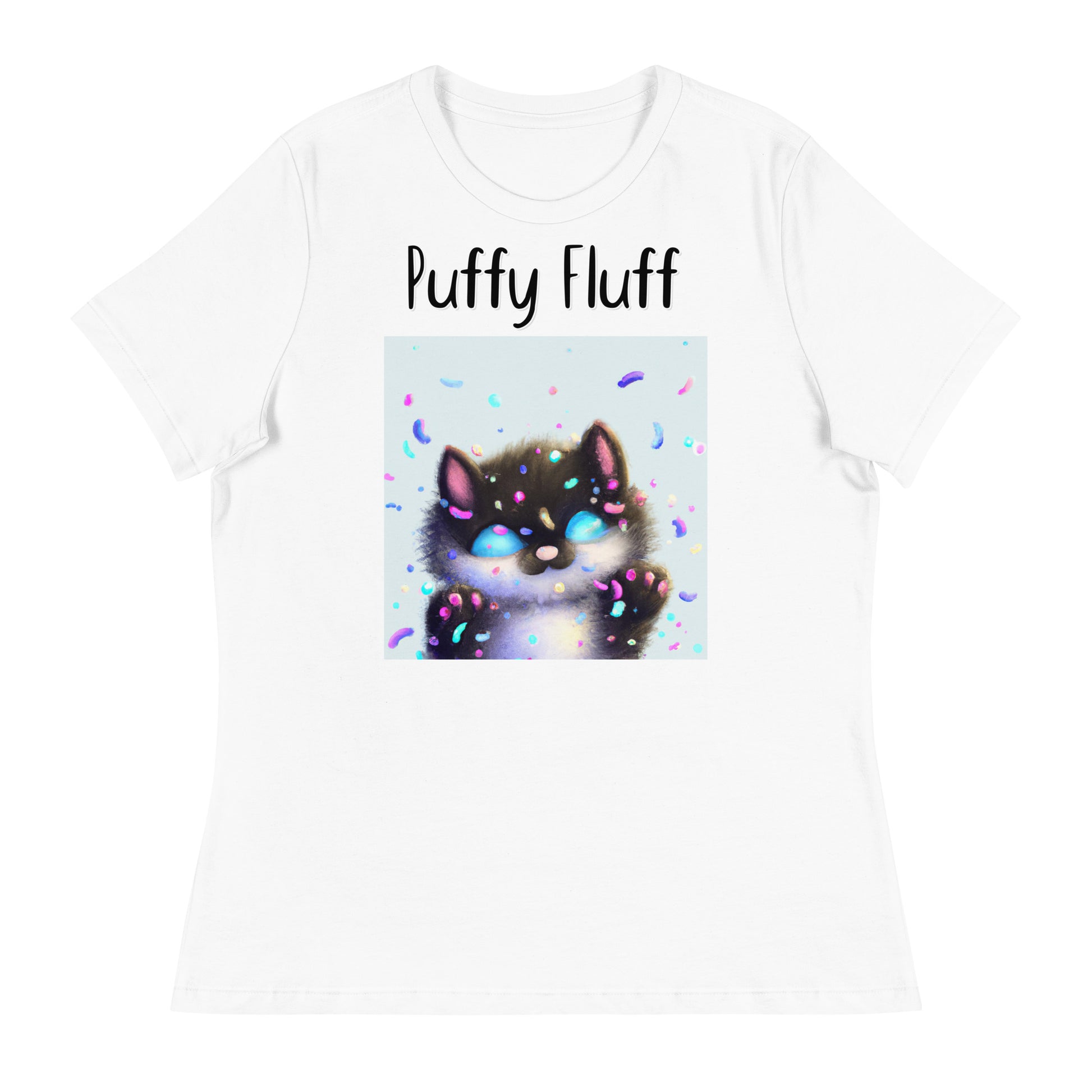 Women's White T-Shirt with Kitten With Confetti with a text "Puffy Fluff" at $25.97 found at Personalizedpetlovergifts