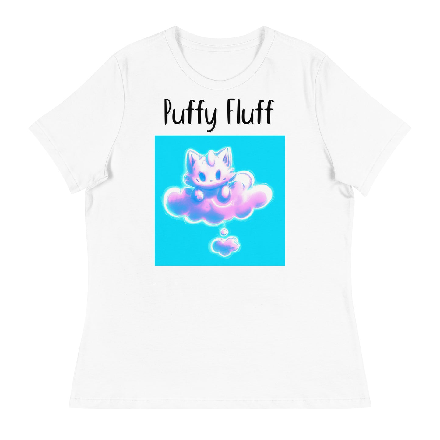 Women's White T-Shirt with Kitten Sitting On A Pink Cloud with a text "Puffy Fluff" at $25.97 found at Personalizedpetlovergifts