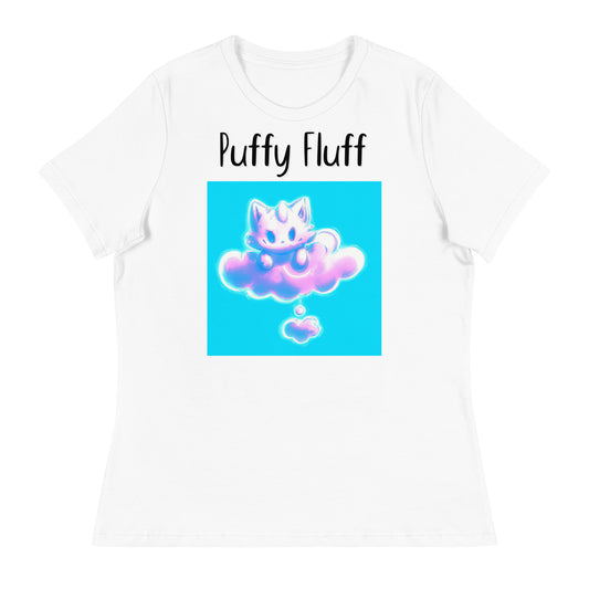 Women's White T-Shirt with Kitten Sitting On A Pink Cloud with a text "Puffy Fluff" at $25.97 found at Personalizedpetlovergifts