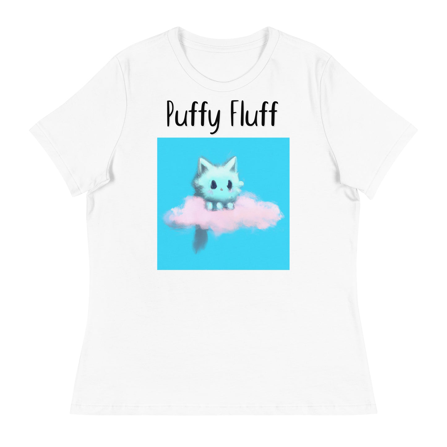 Women's White T-Shirt with Kitten Sitting On a Cloud with a text "Puffy Fluff" at $25.97 found at Personalizedpetlovergifts