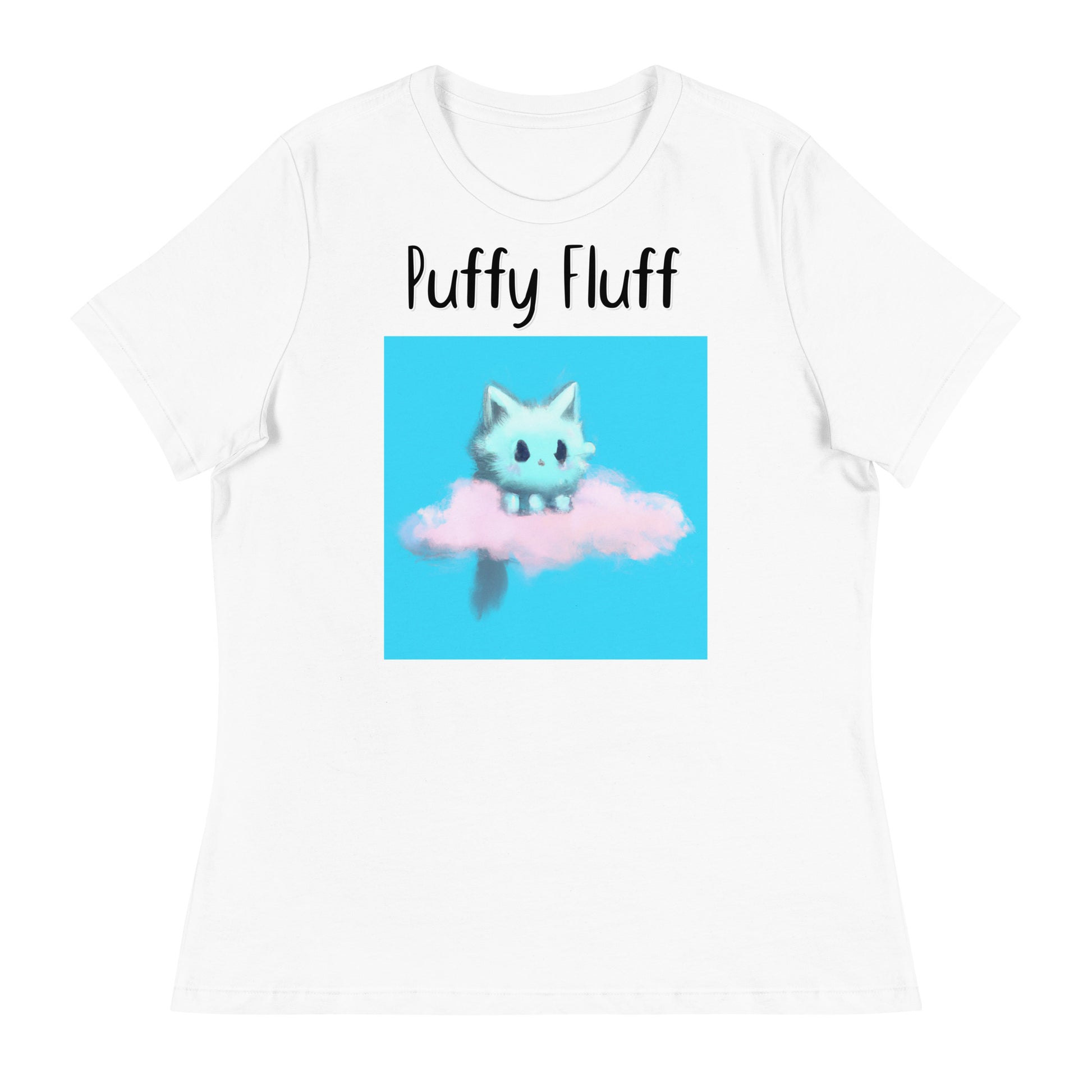 Women's White T-Shirt with Kitten Sitting On a Cloud with a text "Puffy Fluff" at $25.97 found at Personalizedpetlovergifts