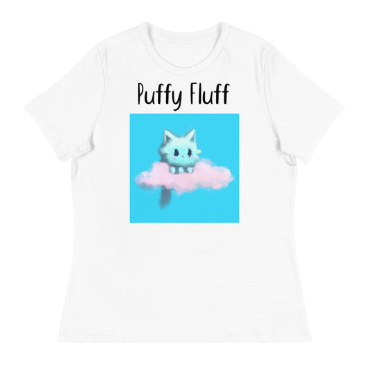 Women's White T-Shirt with Kitten Sitting On a Cloud with a text "Puffy Fluff" at $25.97 found at Personalizedpetlovergifts