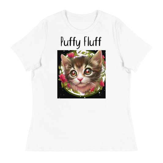 Women's White T-Shirt with Kitten Portrait With Flowers with a text "Puffy Fluff" at $25.97 found at Personalizedpetlovergifts