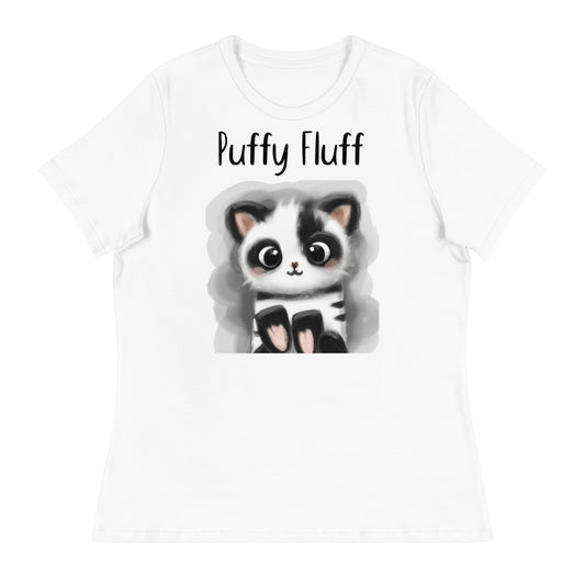 Women's White T-Shirt with Kitten Panda with a text "Puffy Fluff" at $25.97 found at Personalizedpetlovergifts