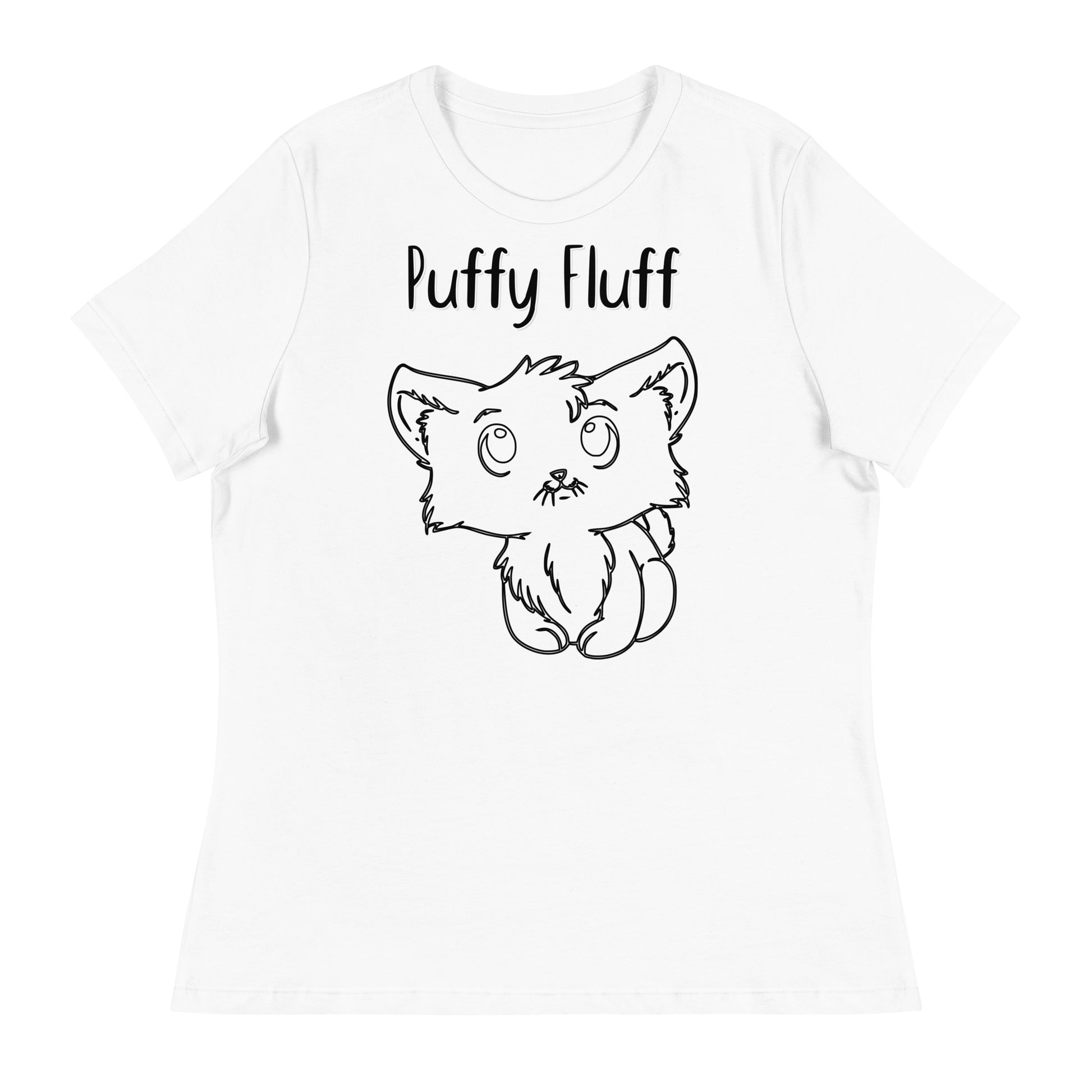 Women's White T-Shirt with Kitten Line Art with a text "Puffy Fluff" at $25.97 found at Personalizedpetlovergifts