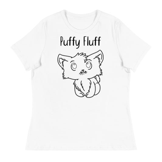 Women's White T-Shirt with Kitten Line Art with a text "Puffy Fluff" at $25.97 found at Personalizedpetlovergifts