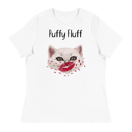 Women's White T-Shirt with Kitten Kisses with a text "Puffy Fluff" at $25.97 found at Personalizedpetlovergifts