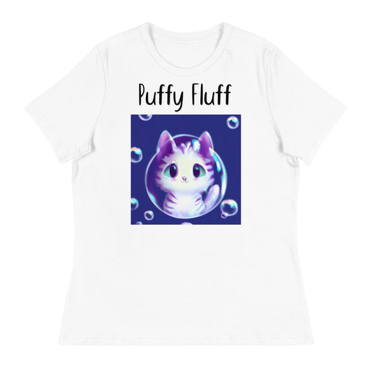 Women's White T-Shirt with Kitten Inside a Soap Bubble with a text "Puffy Fluff" at $25.97 found at Personalizedpetlovergifts