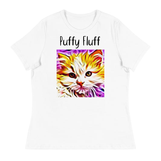 Women's White T-Shirt with Kitten In Trippy Colors with a text "Puffy Fluff" at $25.97 found at Personalizedpetlovergifts