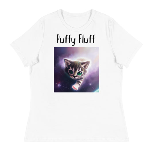 Women's White T-Shirt with Kitten In The Space with a text "Puffy Fluff" at $25.97 found at Personalizedpetlovergifts