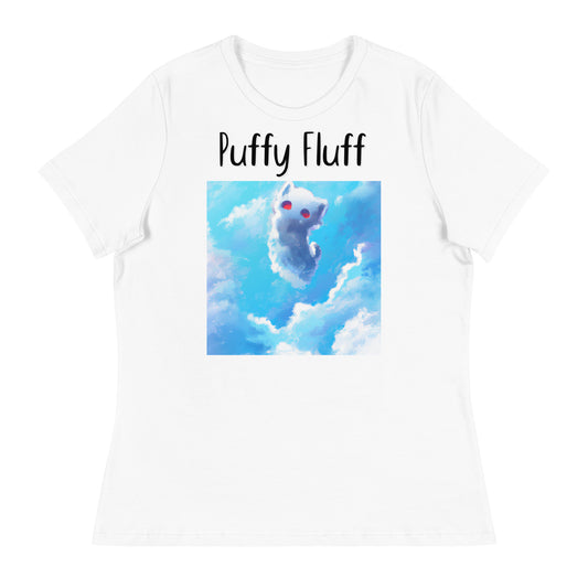 Women's White T-Shirt with Kitten In the Sky with a text "Puffy Fluff" at $25.97 found at Personalizedpetlovergifts