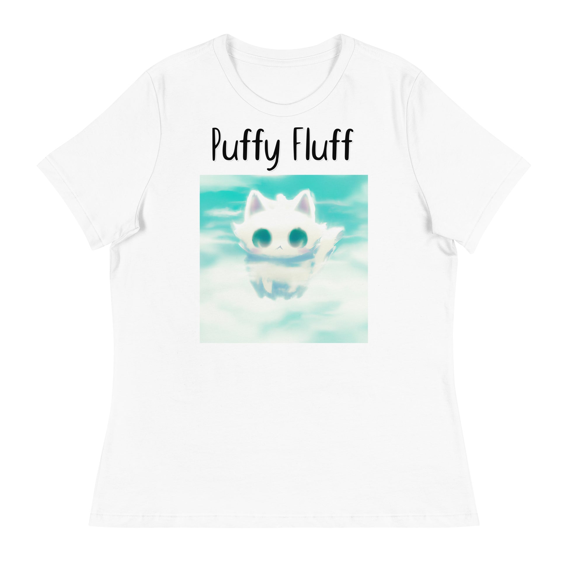 Women's White T-Shirt with Kitten In The Clouds with a text "Puffy Fluff" at $25.97 found at Personalizedpetlovergifts