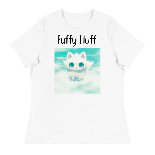 Women's White T-Shirt with Kitten In The Clouds with a text "Puffy Fluff" at $25.97 found at Personalizedpetlovergifts