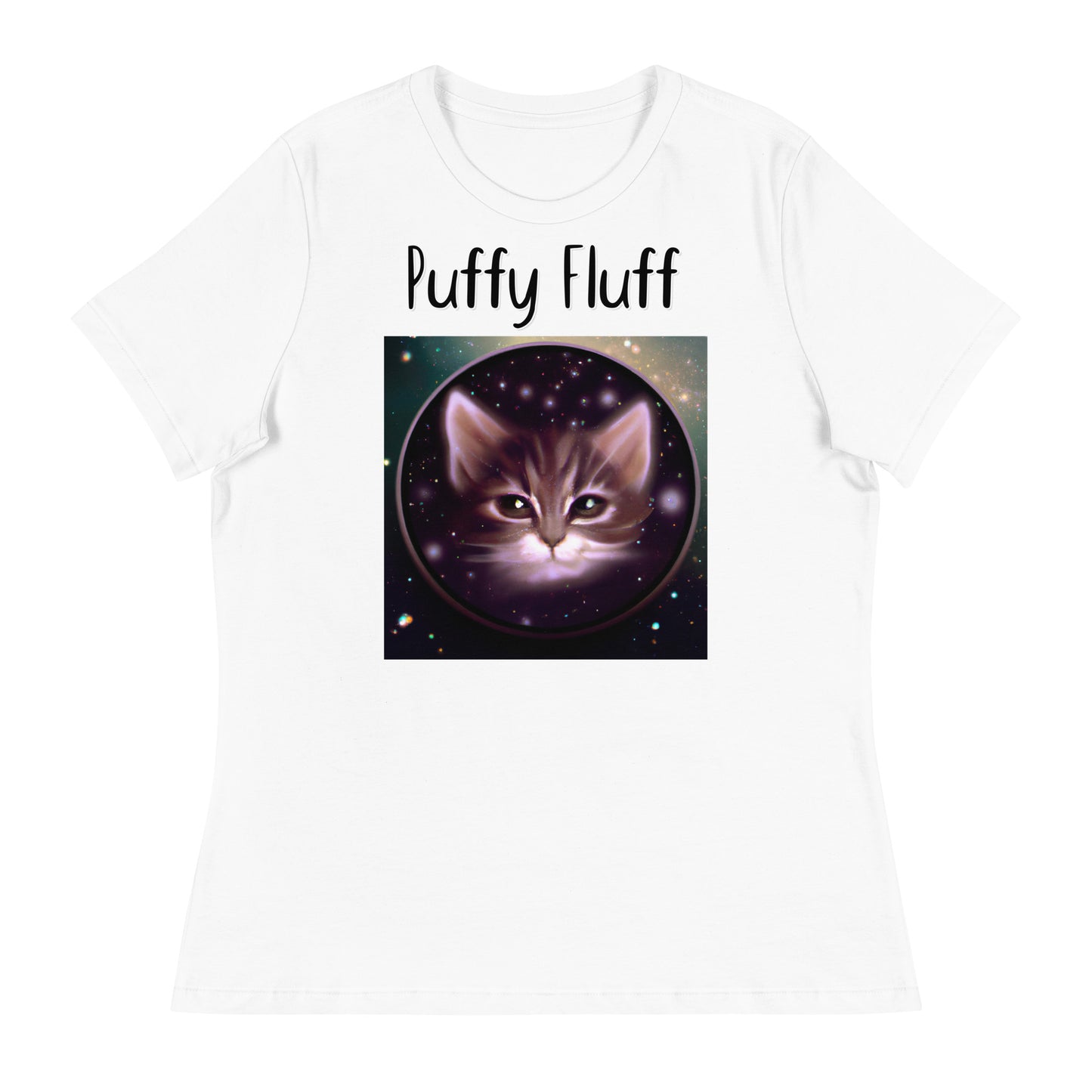 Women's White T-Shirt with Kitten In Space Circle with a text "Puffy Fluff" at $25.97 found at Personalizedpetlovergifts