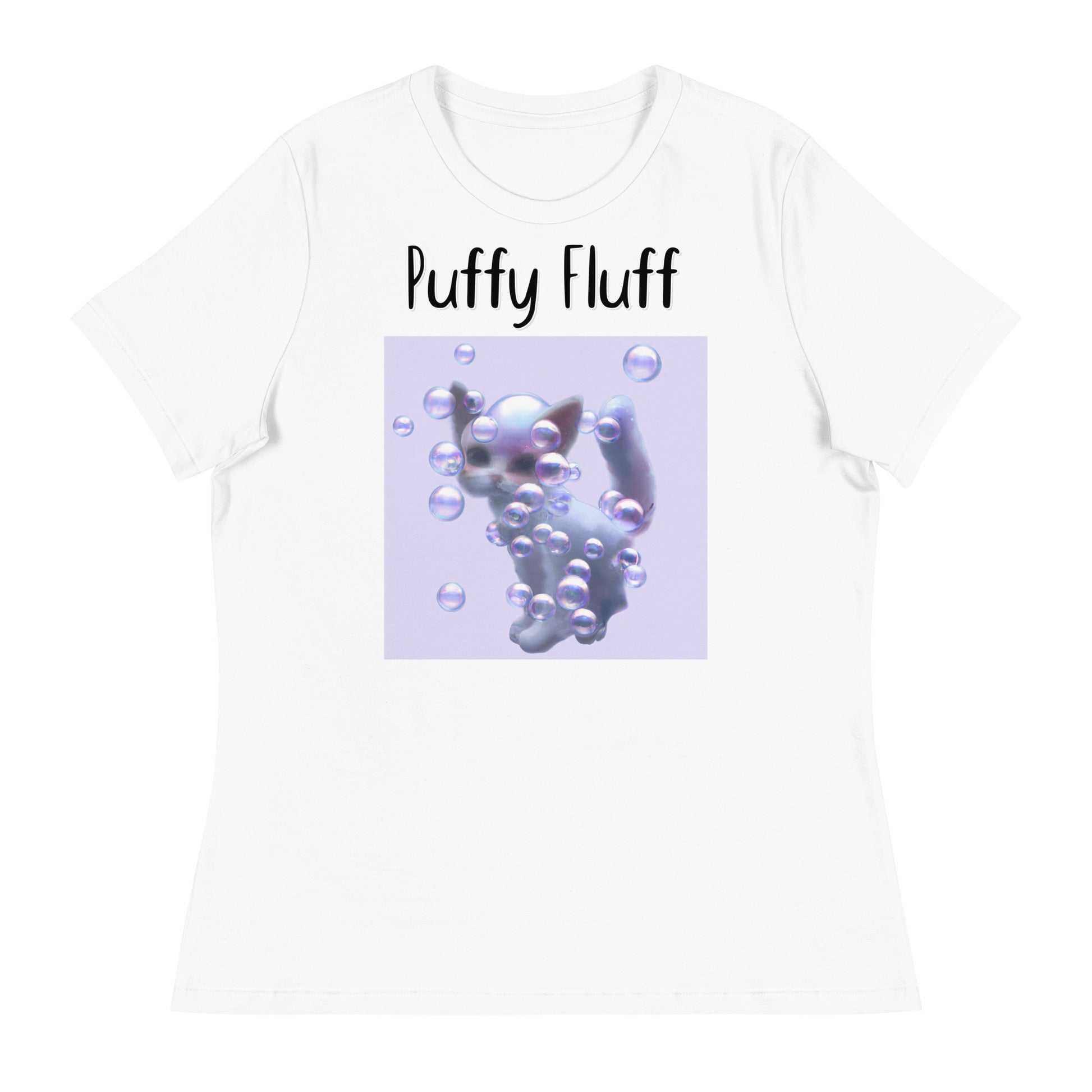 Women's White T-Shirt with Kitten In Soap Bubbles with a text "Puffy Fluff" at $25.97 found at Personalizedpetlovergifts