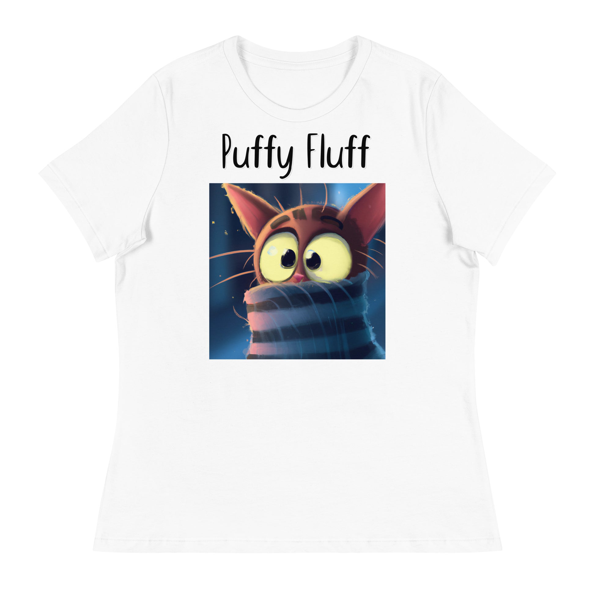 Women's White T-Shirt with Kitten In A Turtleneck with a text "Puffy Fluff" at $25.97 found at Personalizedpetlovergifts