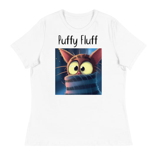 Women's White T-Shirt with Kitten In A Turtleneck with a text "Puffy Fluff" at $25.97 found at Personalizedpetlovergifts