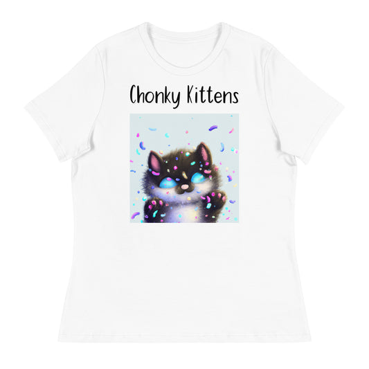 Women's White T-Shirt with Kitten With Confetti with a text "Chonky Kittens" at $25.97 found at Personalizedpetlovergifts