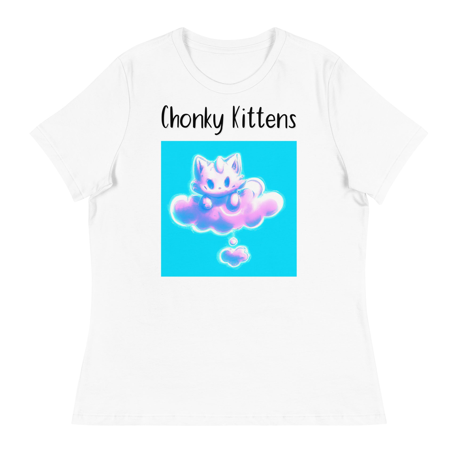 Women's White T-Shirt with Kitten Sitting On A Pink Cloud with a text "Chonky Kittens" at $25.97 found at Personalizedpetlovergifts