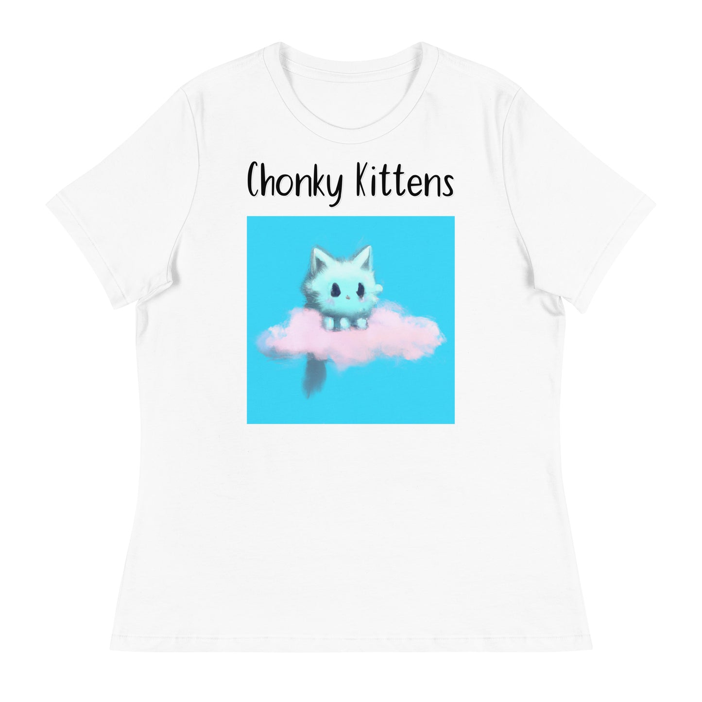 Women's White T-Shirt with Kitten Sitting On a Cloud with a text "Chonky Kittens" at $25.97 found at Personalizedpetlovergifts