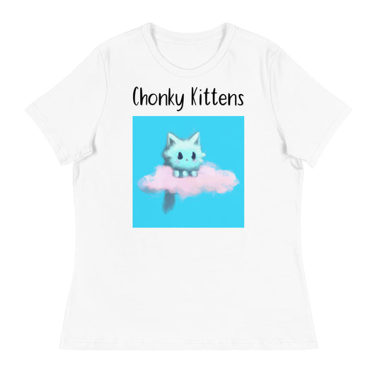 Women's White T-Shirt with Kitten Sitting On a Cloud with a text "Chonky Kittens" at $25.97 found at Personalizedpetlovergifts