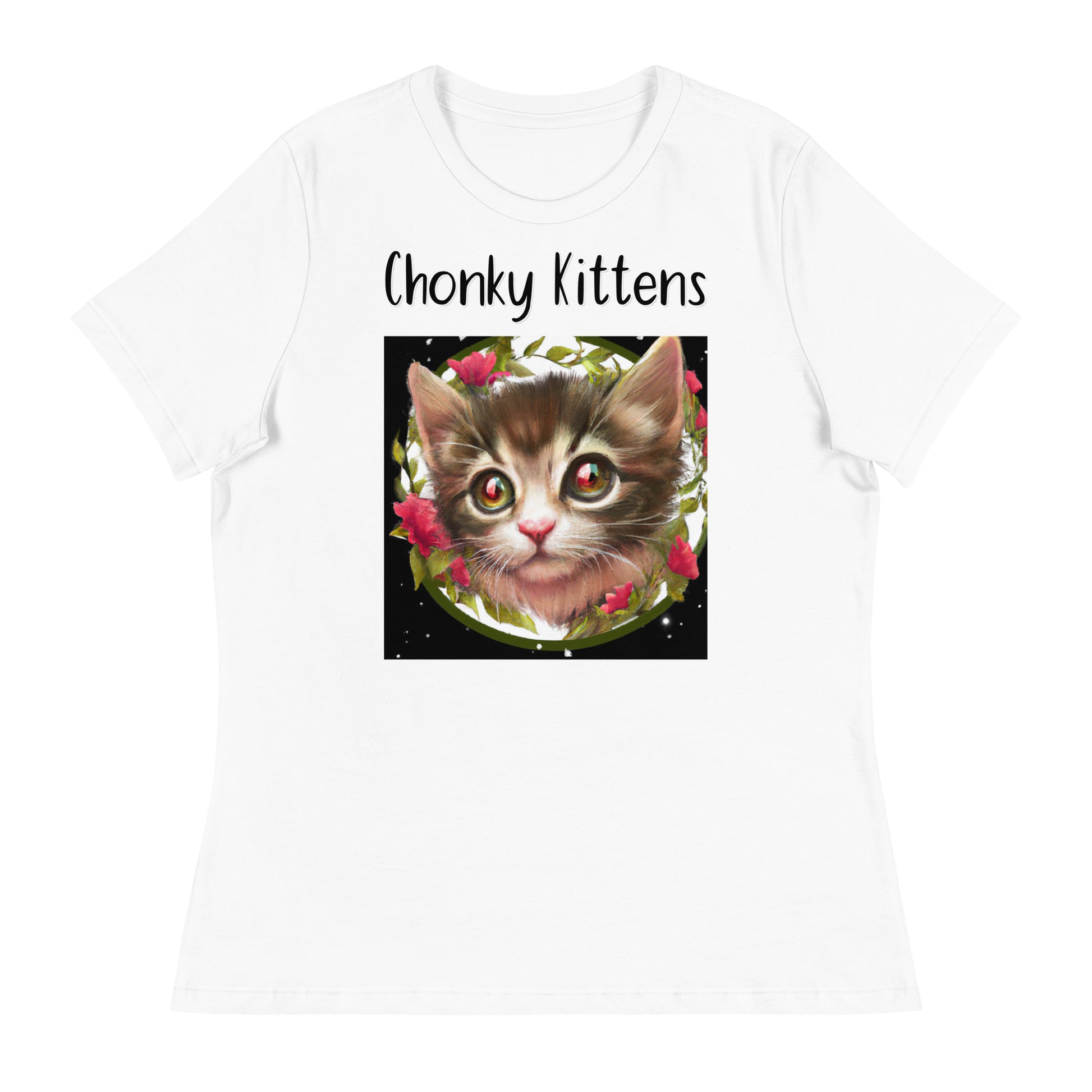 Women's White T-Shirt with Kitten Portrait With Flowers with a text "Chonky Kittens" at $25.97 found at Personalizedpetlovergifts