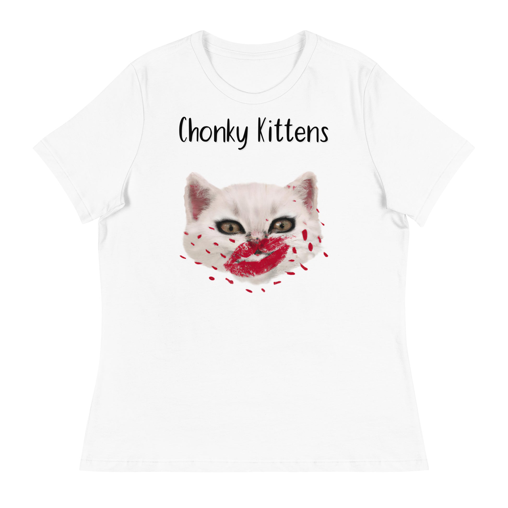 Women's White T-Shirt with Kitten Kisses with a text "Chonky Kittens" at $25.97 found at Personalizedpetlovergifts