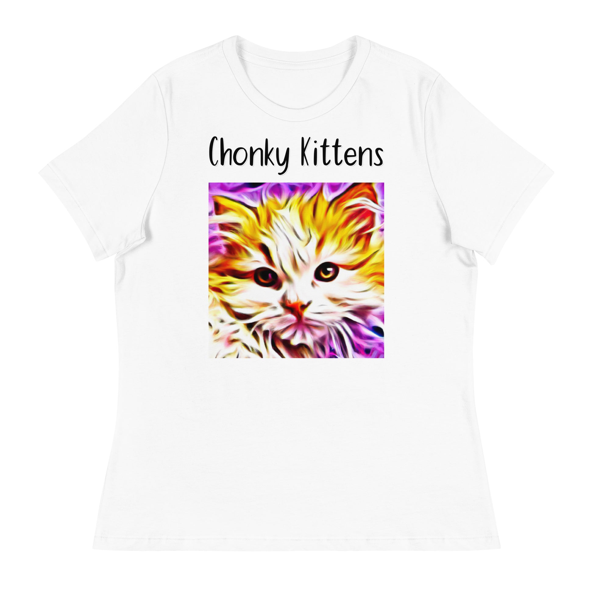 Women's White T-Shirt with Kitten In Trippy Colors with a text "Chonky Kittens" at $25.97 found at Personalizedpetlovergifts